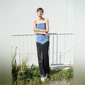 NOMIA NYC Designer Sz 6 Slit Front Maxi Jean Skirt In Black Stonewash